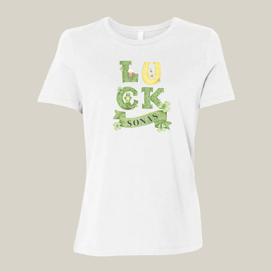 White t-shirt with 'LUCKY' print on a beige background