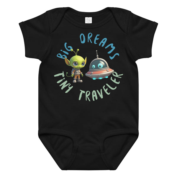 Black baby onesie with a cute alien and spaceship illustration and the phrase "Big Dreams Tiny Traveler" in playful font