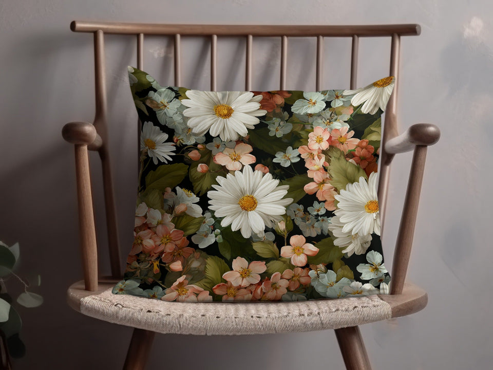 Floral throw pillow in a vintage wood woven seat chair