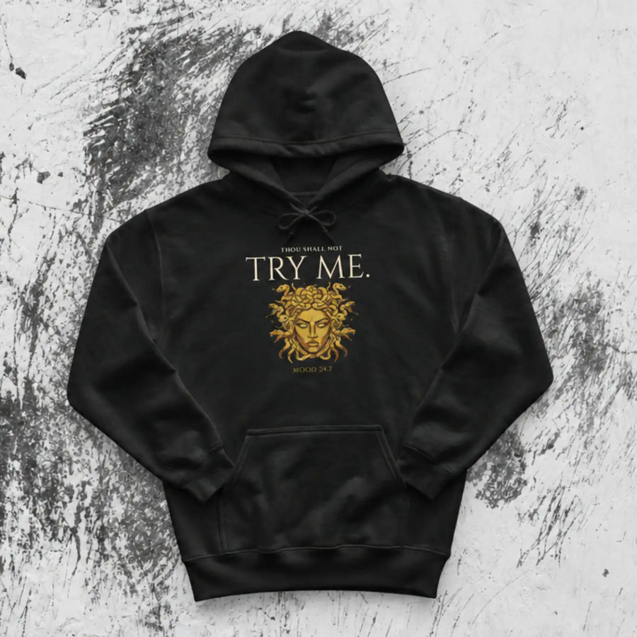 Black Hoodie with Medusa artwork on a grunge background