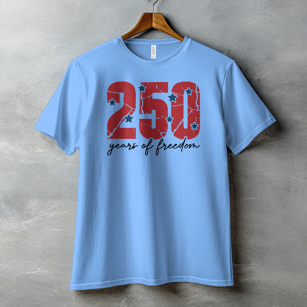 Light blue t-shirt with "250 years of freedom" text and red star pattern.
