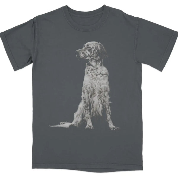 English Setter dog sitting on a dark grey t-shirt. Graphite