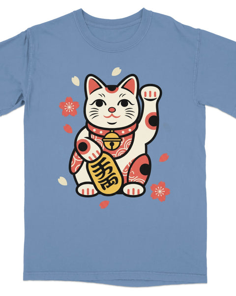 Blue t-shirt featuring a Maneki-neko cat with a gold coin and cherry blossoms.