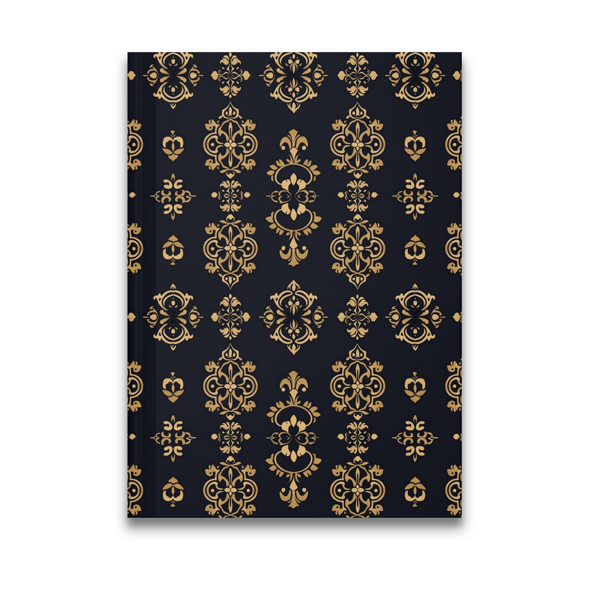 Dark navy hard cover journal with a repeating gold damask pattern.