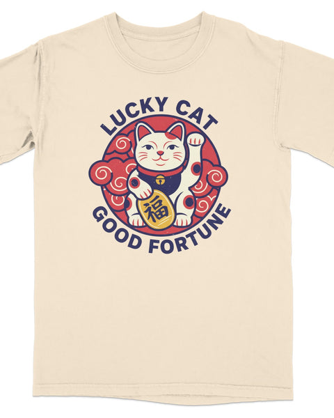 T-shirt with a cream background and a "Lucky Cat Good Fortune" graphic.