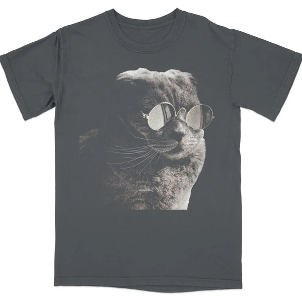 T-shirt with a graphic of a cat wearing round glasses. Graphite