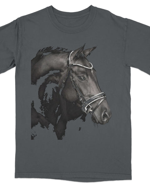 Dark t-shirt with a watercolor-style black horse head illustration.