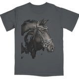 Dark t-shirt with a watercolor-style black horse head illustration. Graphite
