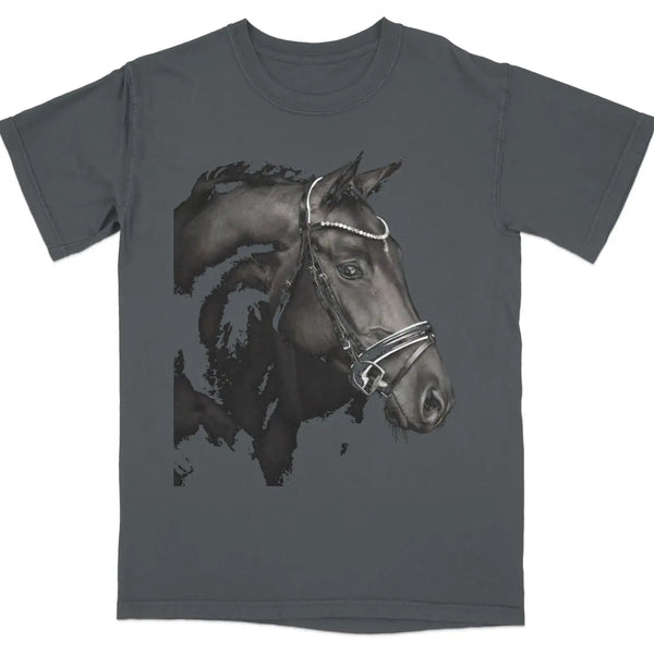 Dark t-shirt with a watercolor-style black horse head illustration. Graphite