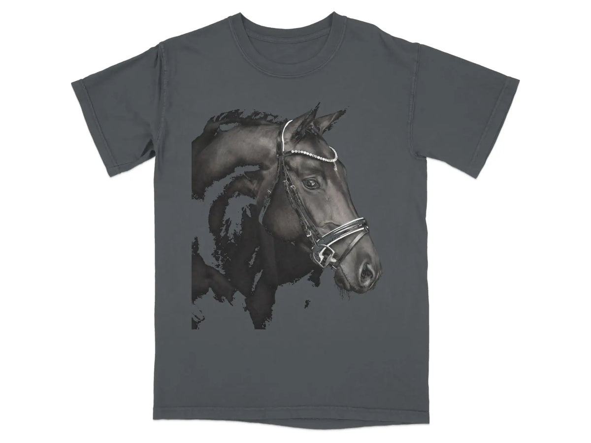 Dark t-shirt with a watercolor-style black horse head illustration. Graphite