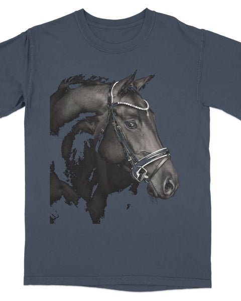 Dark horse head with bridle and jeweled headstall on navy t-shirt.