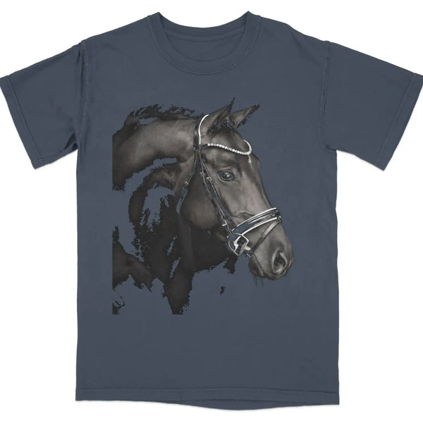 Dark horse head with bridle and jeweled headstall on navy t-shirt. Navy