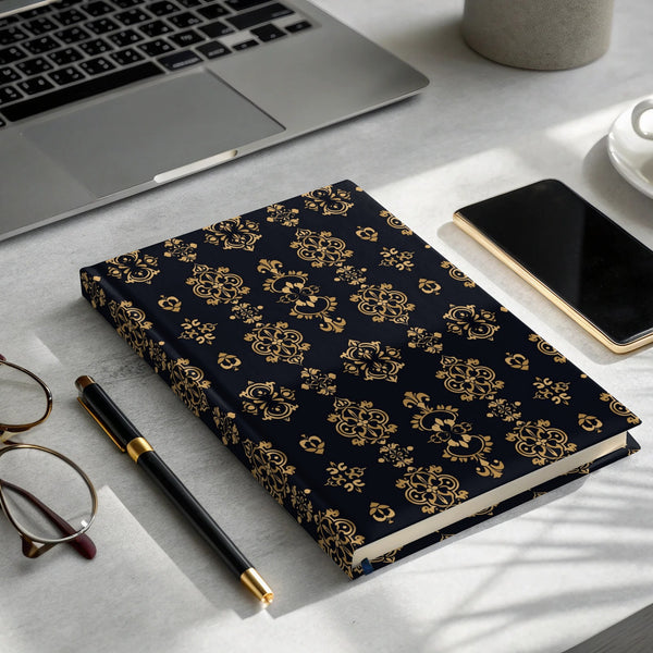 Dark blue hard cover journal with gold baroque pattern, pen, glasses, phone, and coffee.