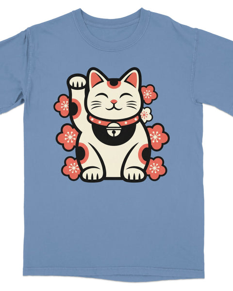 Maneki-neko cat with pink flowers on blue t-shirt.
