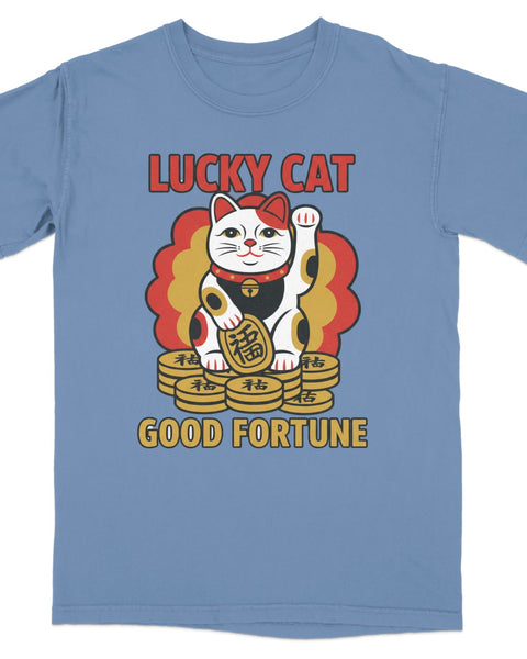 Blue t-shirt with a cartoon lucky cat on coins, reading "GOOD FORTUNE".