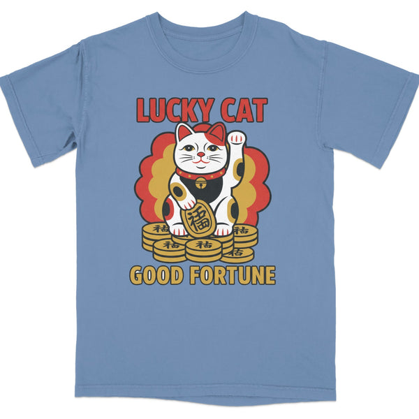 Blue t-shirt with a cartoon lucky cat on coins, reading "GOOD FORTUNE".