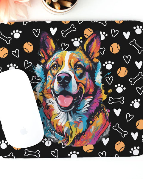 Black mousepad with vibrant happy dog illustration, surrounded by bones, paw prints, and hearts. Perfect for dog lovers with a playful style.