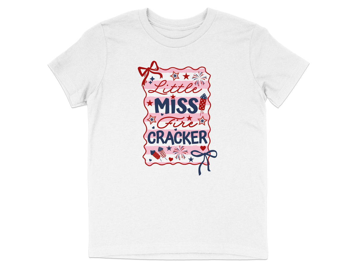 White t-shirt with "Little Miss Fire Cracker" text and patriotic graphics.
