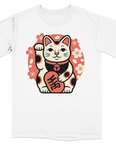 Maneki-neko waving lucky cat with Japanese characters and cherry blossoms on t-shirt.