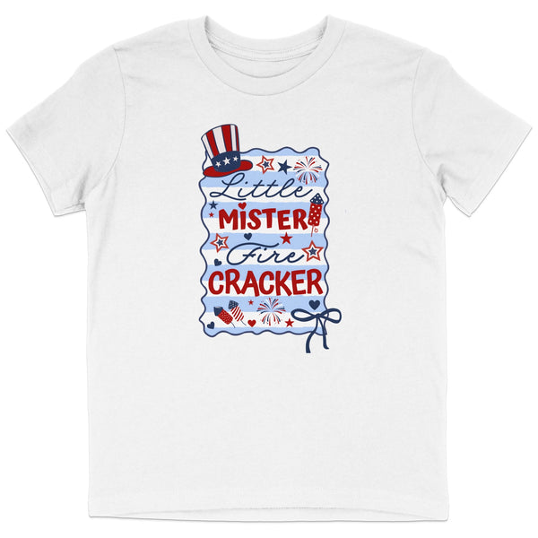 White t-shirt with "Little Mister Firecracker" text and patriotic graphics.