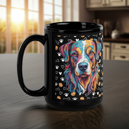 Lifestyle Mockup of the Black ceramic mug with colorful Bernese Mountain Dog art and playful icons. Perfect for dog moms, pet lovers, and coffee drinkers with style.