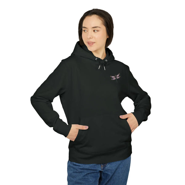 Black hoodie with purple dragonfly graphic on left chest. 