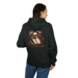 Skull and flowers on an open book with a wine glass, back of hoodie. 