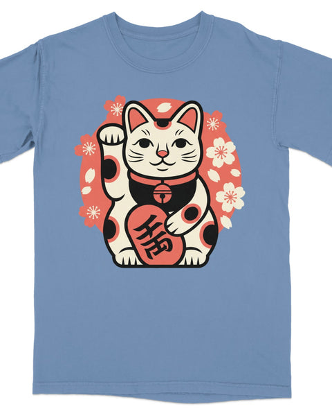 Blue t-shirt with a cartoon maneki-neko cat holding a gold coin.