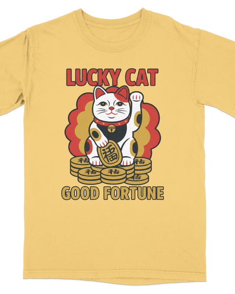 Yellow t-shirt with "Lucky Cat Good Fortune" text and a Maneki-neko cat.