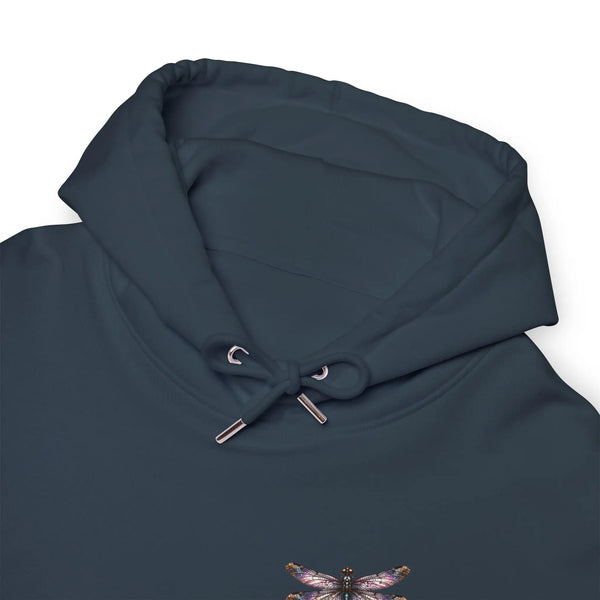 Dark blue hoodie with a dragonfly graphic on the chest. 