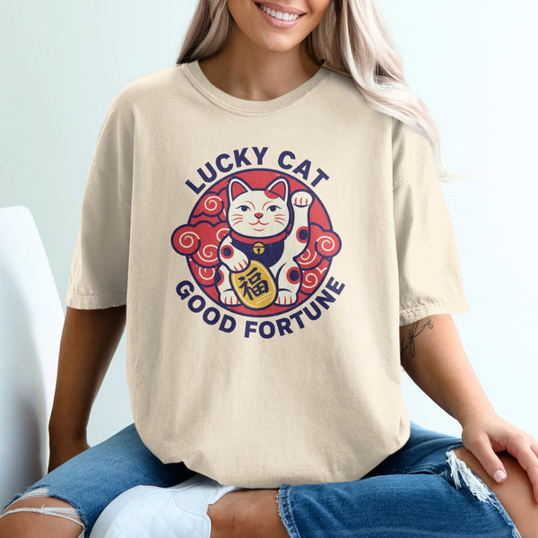 Cream t-shirt with "Lucky Cat Good Fortune" text and a maneki-neko graphic.