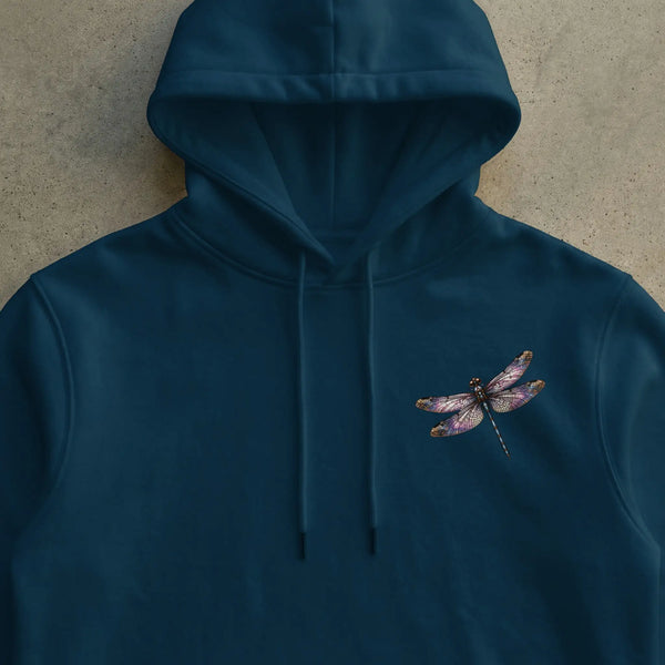Navy blue hooded sweatshirt with a detailed embroidered dragonfly on the left chest. 