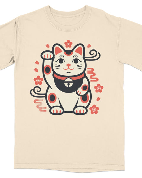 Maneki-neko, a Japanese beckoning cat, on a light-colored t-shirt.