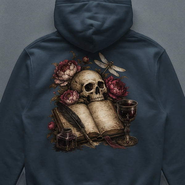 Skull and open book with flowers, quill, inkwell, and wine glass. India Ink Grey