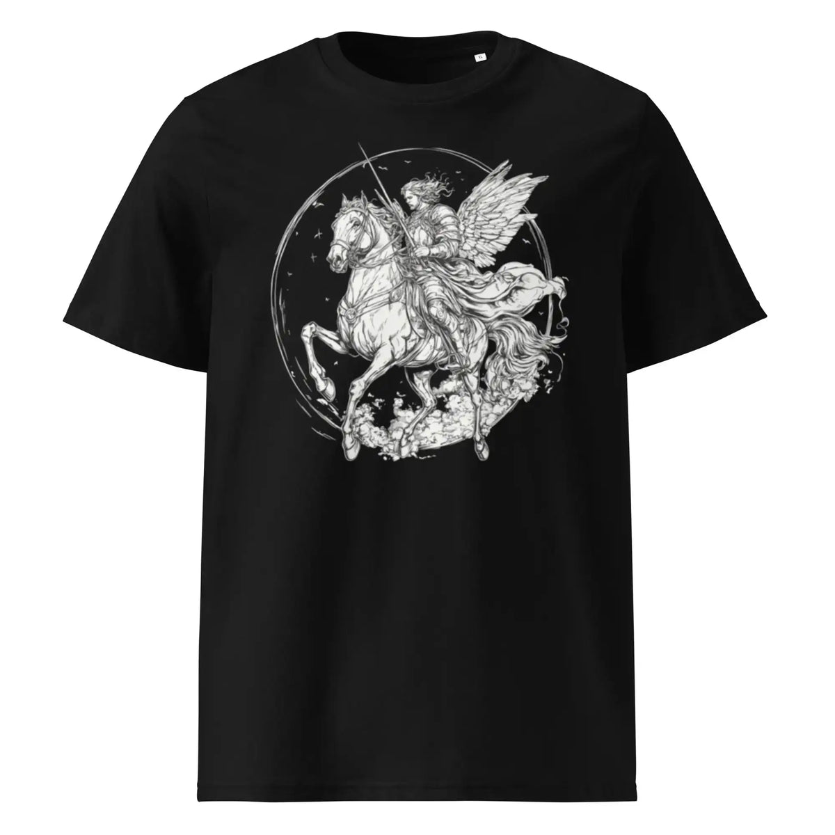 Black t-shirt with a white graphic design of a fairy riding a horse on a white background S