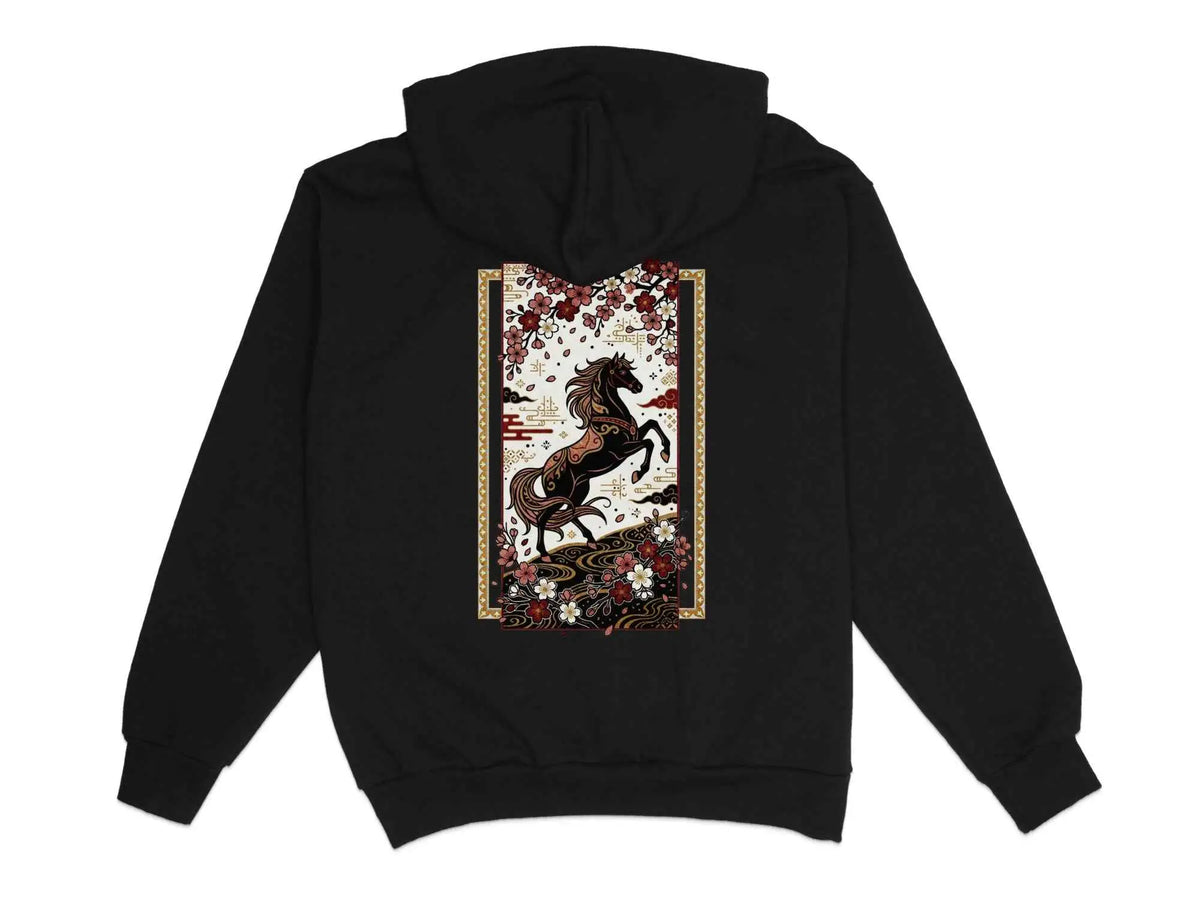 Black Horse & Cherry Blossom Hoodie Black