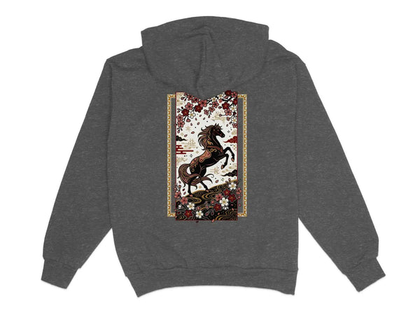 Black Horse & Cherry Blossom Hoodie Charcoal Heather