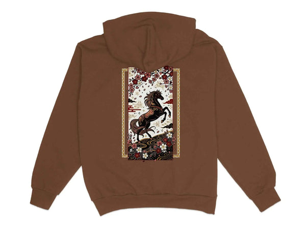 Black Horse & Cherry Blossom Hoodie Chestnut