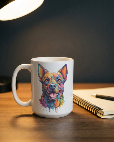 White mug with a colorful dog illustration on a wooden desk with a lamp and notebook.