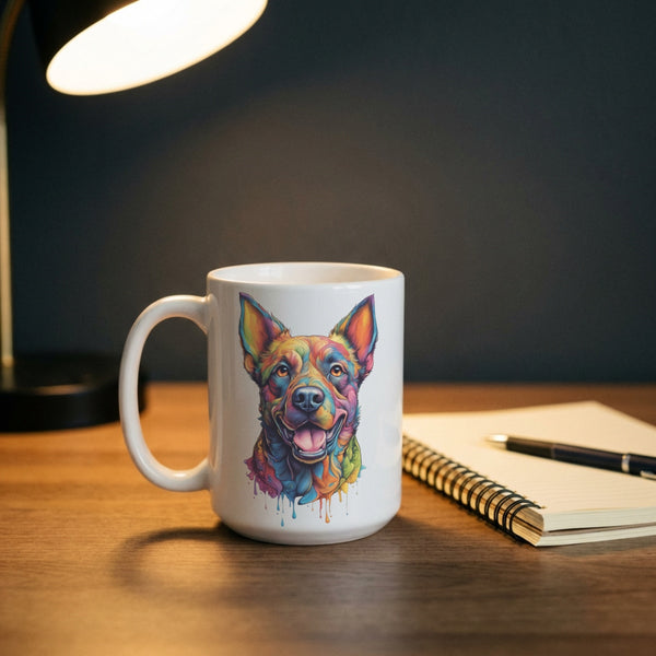 White mug with a colorful dog illustration on a wooden desk with a lamp and notebook.