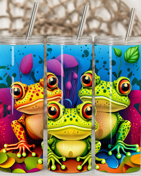 View of the left, center and right sides of the Bright Frogs Stainless Steel Tumbler