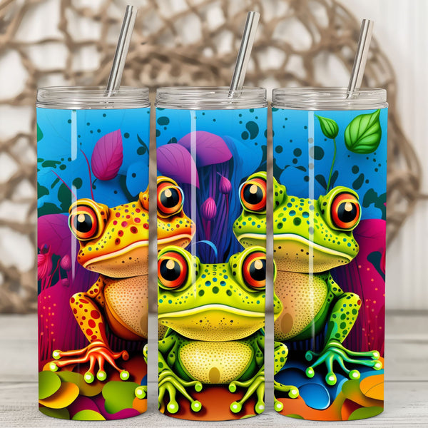 View of the left, center and right sides of the Bright Frogs Stainless Steel Tumbler