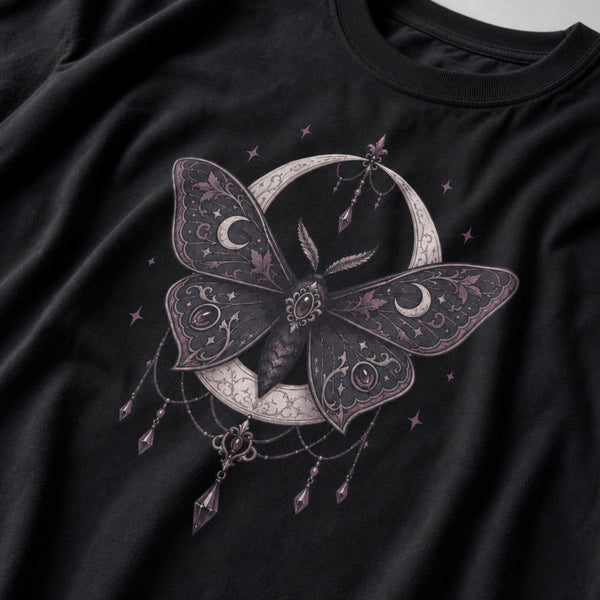 A close-up of a black t-shirt featuring a detailed gothic graphic of a moth with crescent moons and stars.
