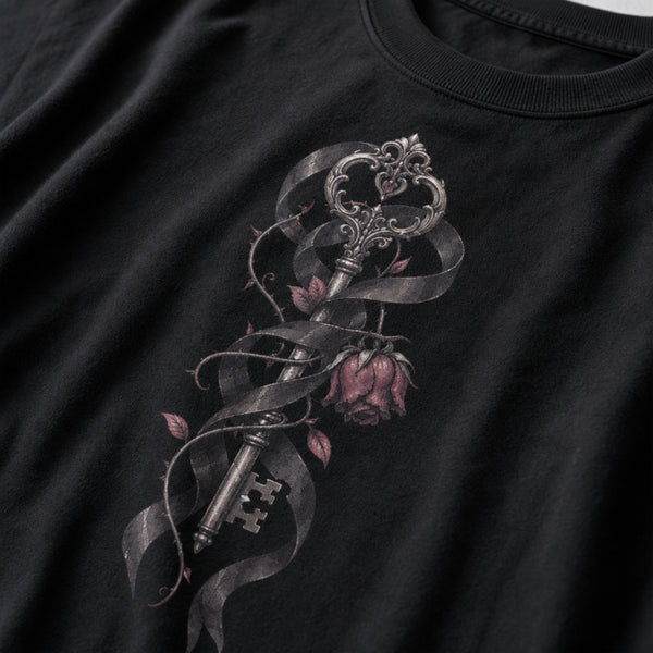Close-up of a black crewneck t-shirt featuring a detailed graphic print of an ornate key wrapped in a dark ribbon with a pink rose and leaves.