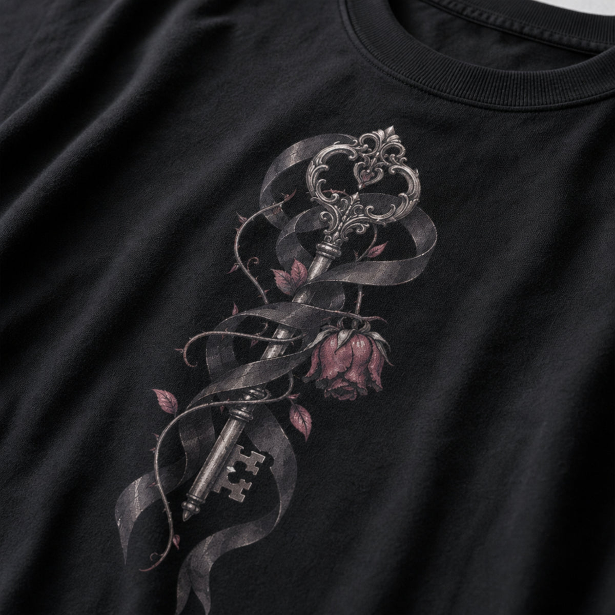 Close-up of a black crewneck t-shirt featuring a detailed graphic print of an ornate key wrapped in a dark ribbon with a pink rose and leaves.