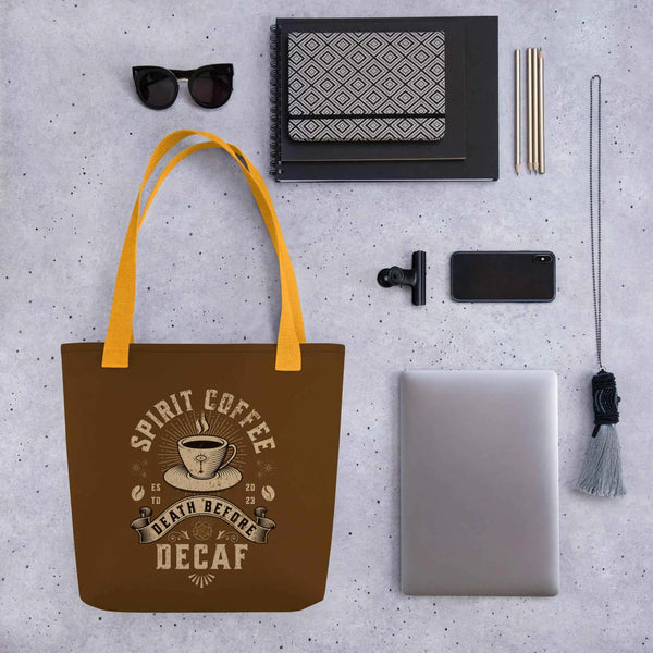 Death Before Decaf Coffee Tote Yellow