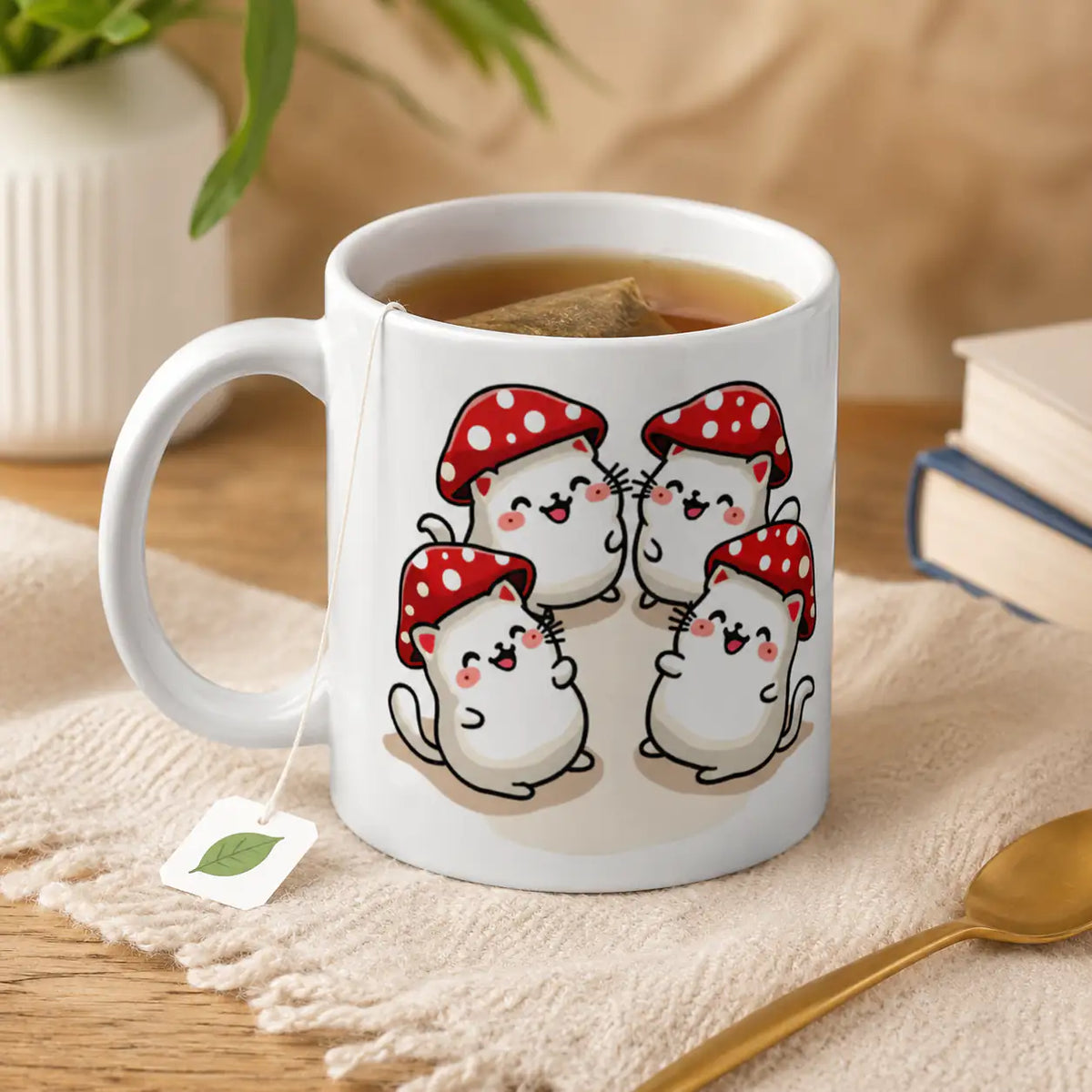 Kawaii Mushroom Cats Ceramic Mug - Glossy Coffee Cup in 11oz, 15oz, 20oz Sizes