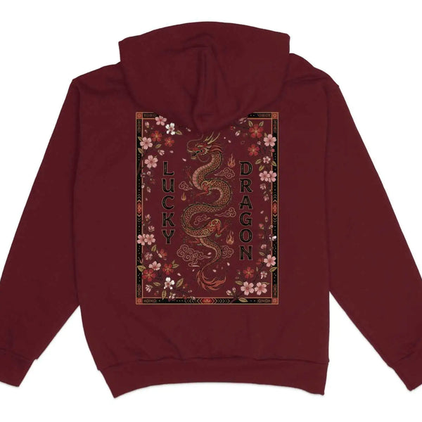 Lucky Dragon Floral Graphic Hoodie Burgundy
