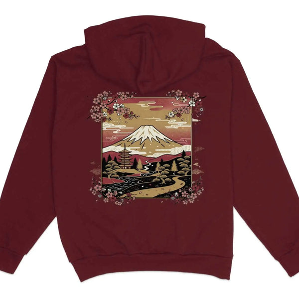 Mount Fuji Cherry Blossom Hoodie Burgundy