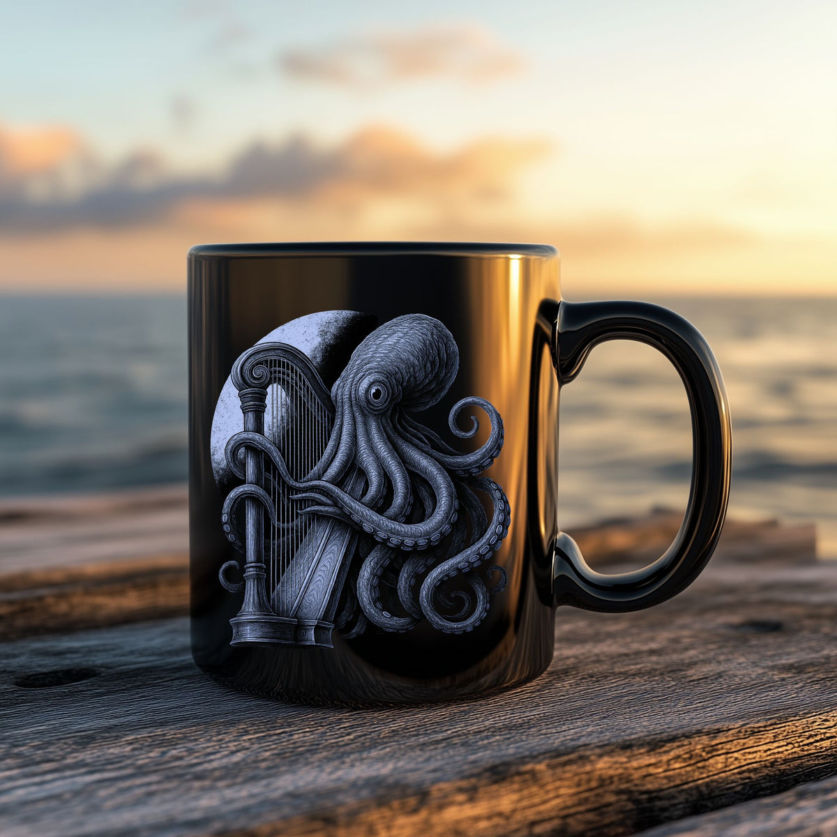 Musical Octopus Coffee Mug – Steampunk Nautical Black Mug